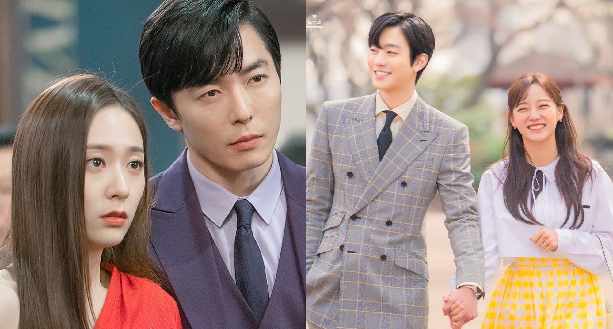 'Crazy Love' and 'Business Proposal' lead characters wearing suits and dresses.