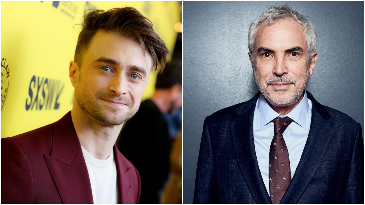 composite image of Daniel Radcliffe, smiling in a maroon blazer and white shirt, and 'Harry Potter and the Prisoner of Azkaban' director Alfonso Cuarón in a suit and tie