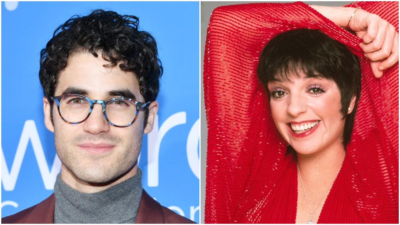 Darren Criss wears blue glasses and a gray turtleneck against a blue background. Liza Minnelli wears a red dress and holds her arms over her head.