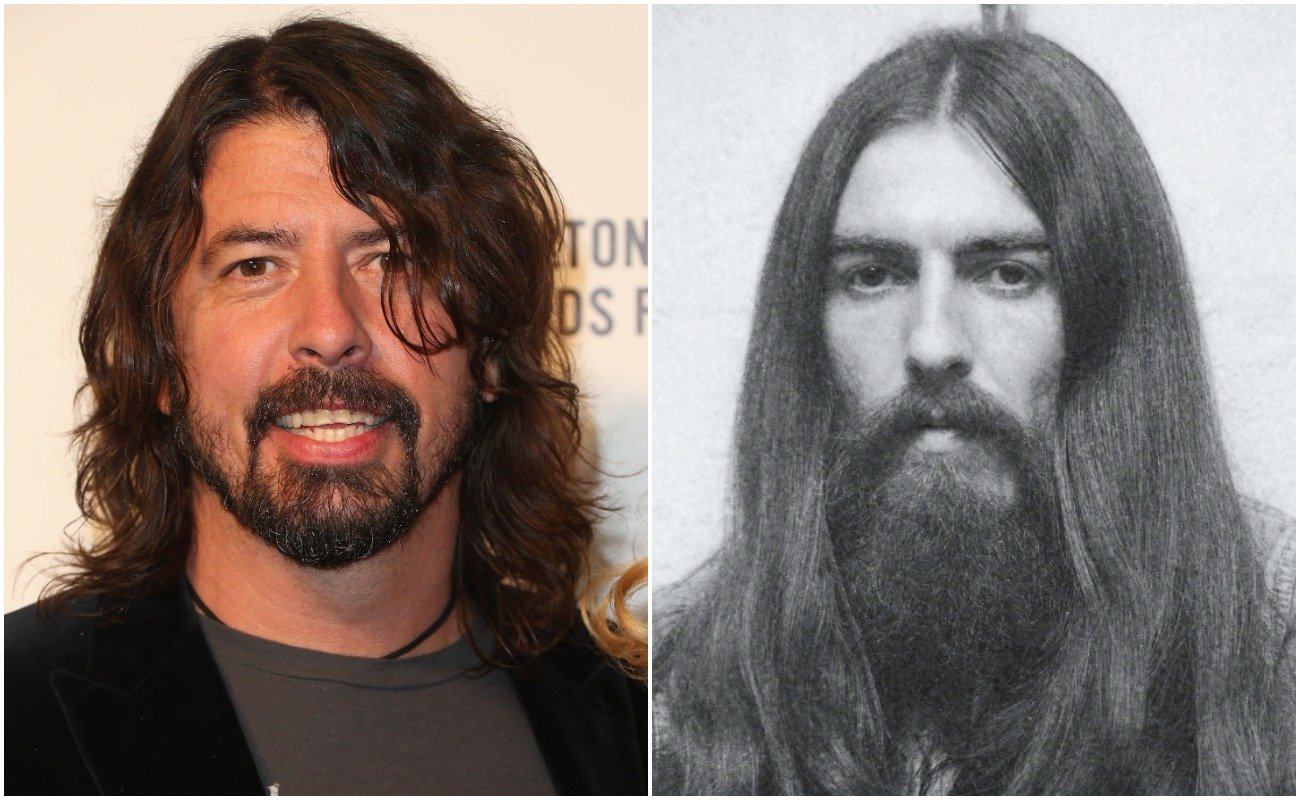 Dave Grohl attending the 2016 Elton John AIDS Foundation's Oscar Viewing Party. George Harrison posing in 1971.