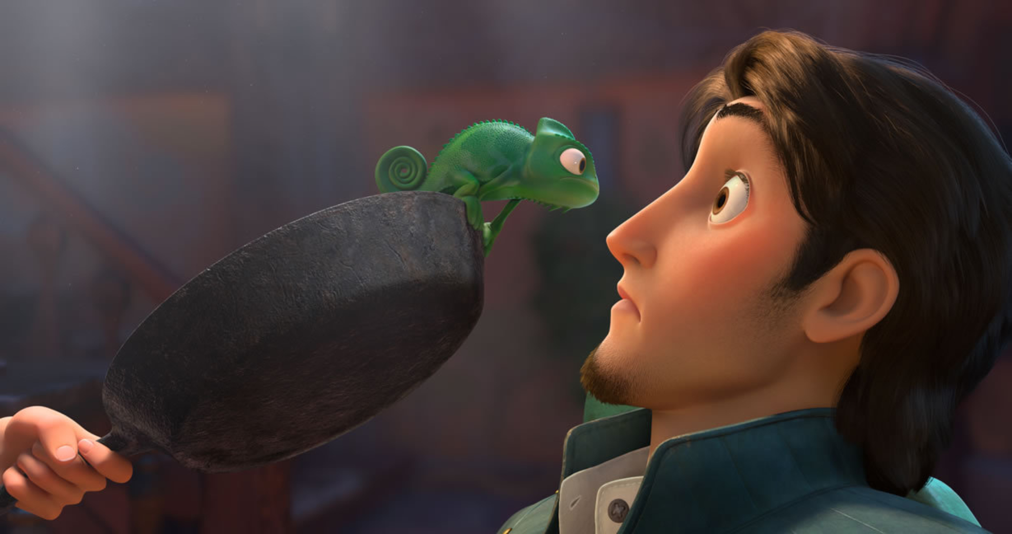 Disney's 'Tangled' with Flynn Rider (voiced by Zachary Levi) staring at Pascal the chameleon in surprise