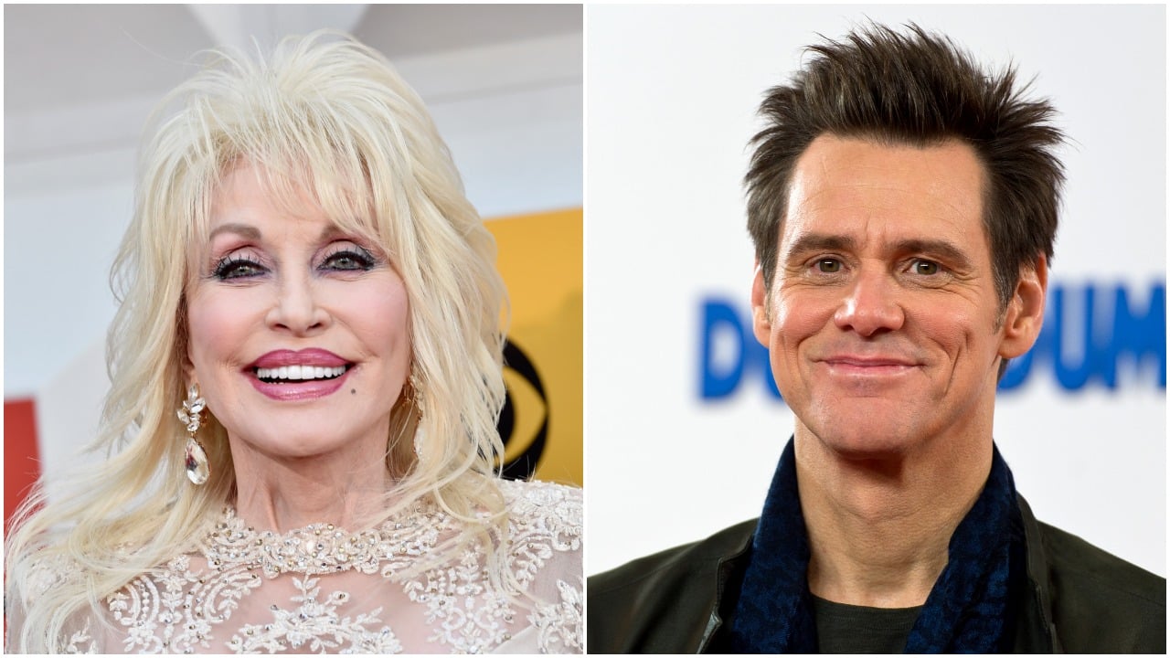 Dolly Parton wears a white lace dress and crystal earrings. Jim Carrey wears a black shirt.