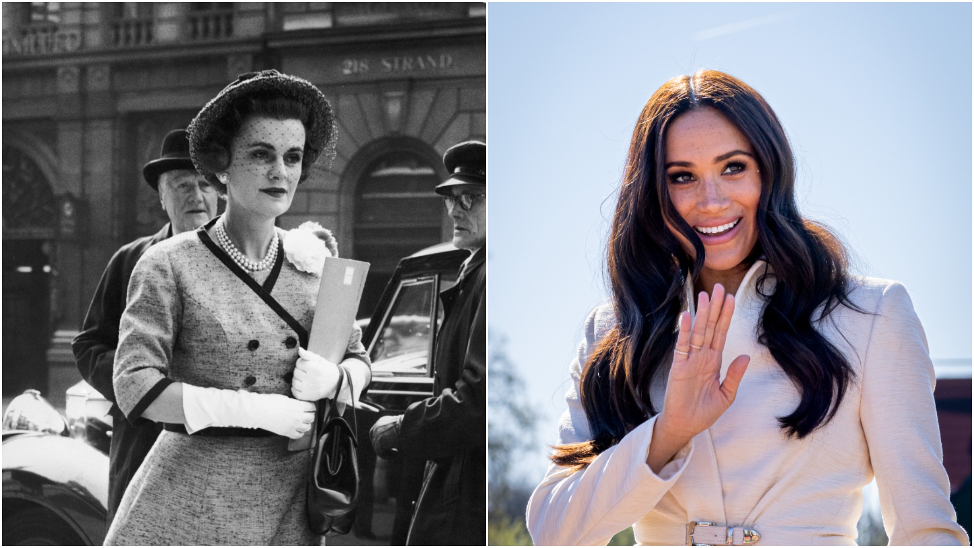 Black and white photo of the Duchess of Argyll next to color image of Meghan Markle at 2022 Invictus Games