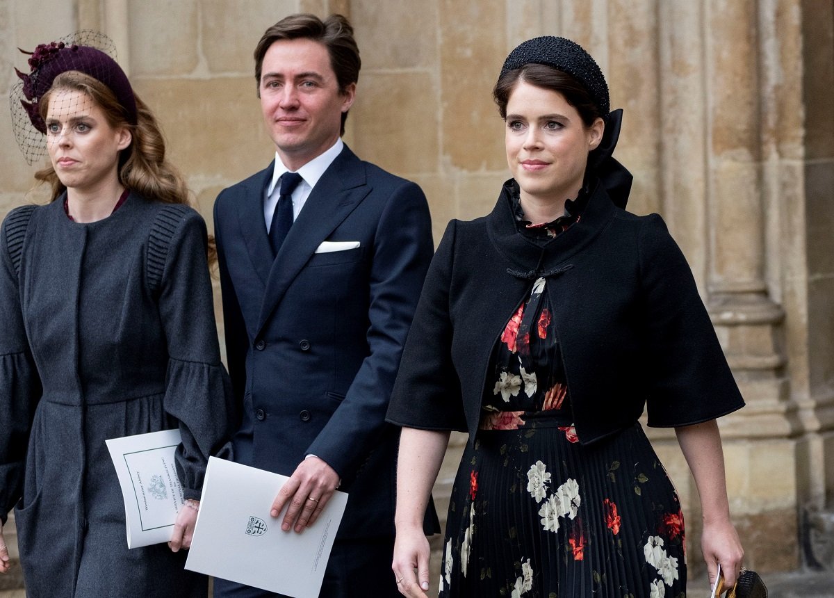 Edoardo Mapelli Mozzi, Princess Beatrice, and Princess Eugenie leaving Prince Philip's memorial service