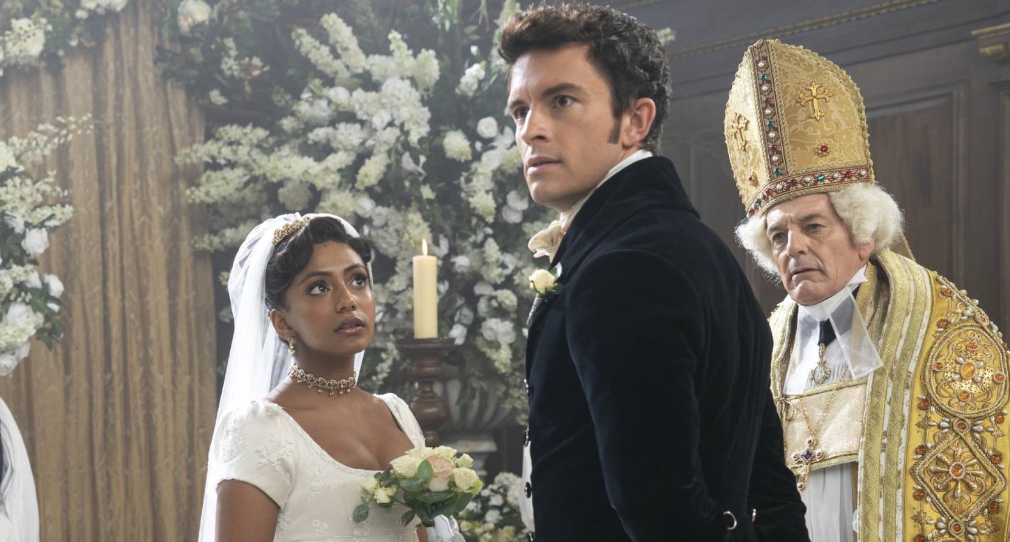 Edwina and Anthony in 'Bridgerton' Season 2 getting married in church.