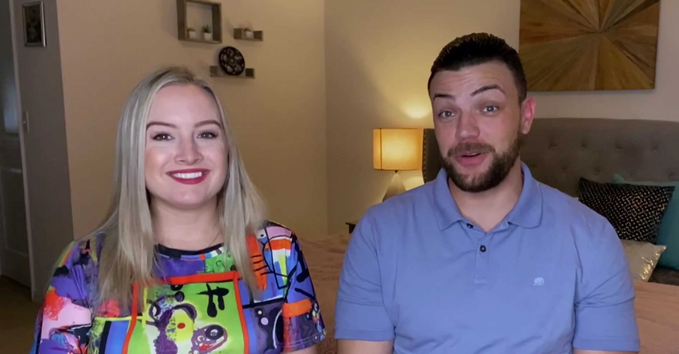 Elizabeth 'Libby' Potthast wearing a colorful shirt with Andrei Castrovet, who is wearing a blue shirt on '90 Day Diaries' Season 3.