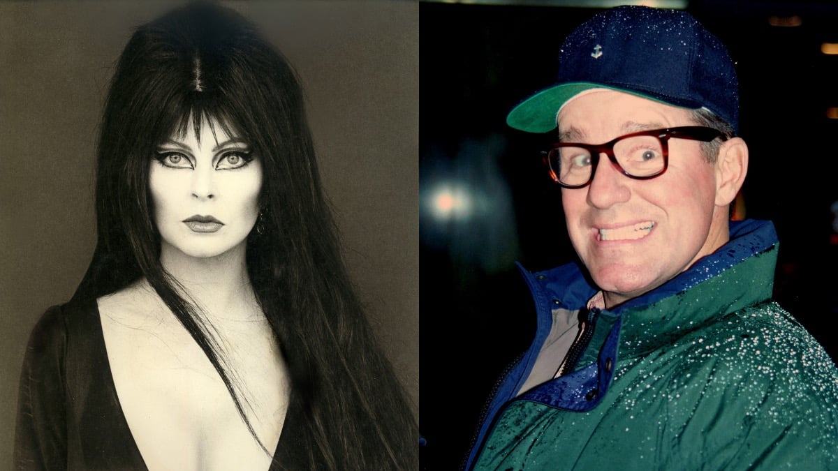 (L) Cassandra Peterson poses for a portrait c. 1985 (R) Phil Hartman smiles for a picture in a ball cap, glasses, and jacket c. 1994