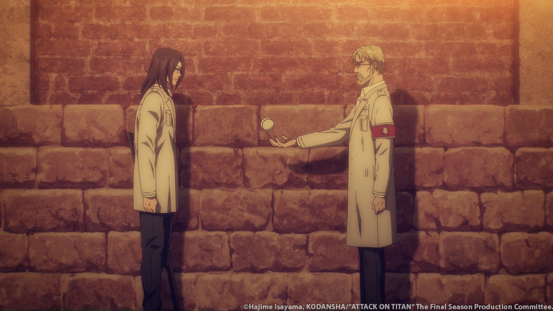 Eren and Zeke Yeager after the time skip in 'Attack on Titan' Season 4 Part 1. Zeke is throwing a baseball at Eren.