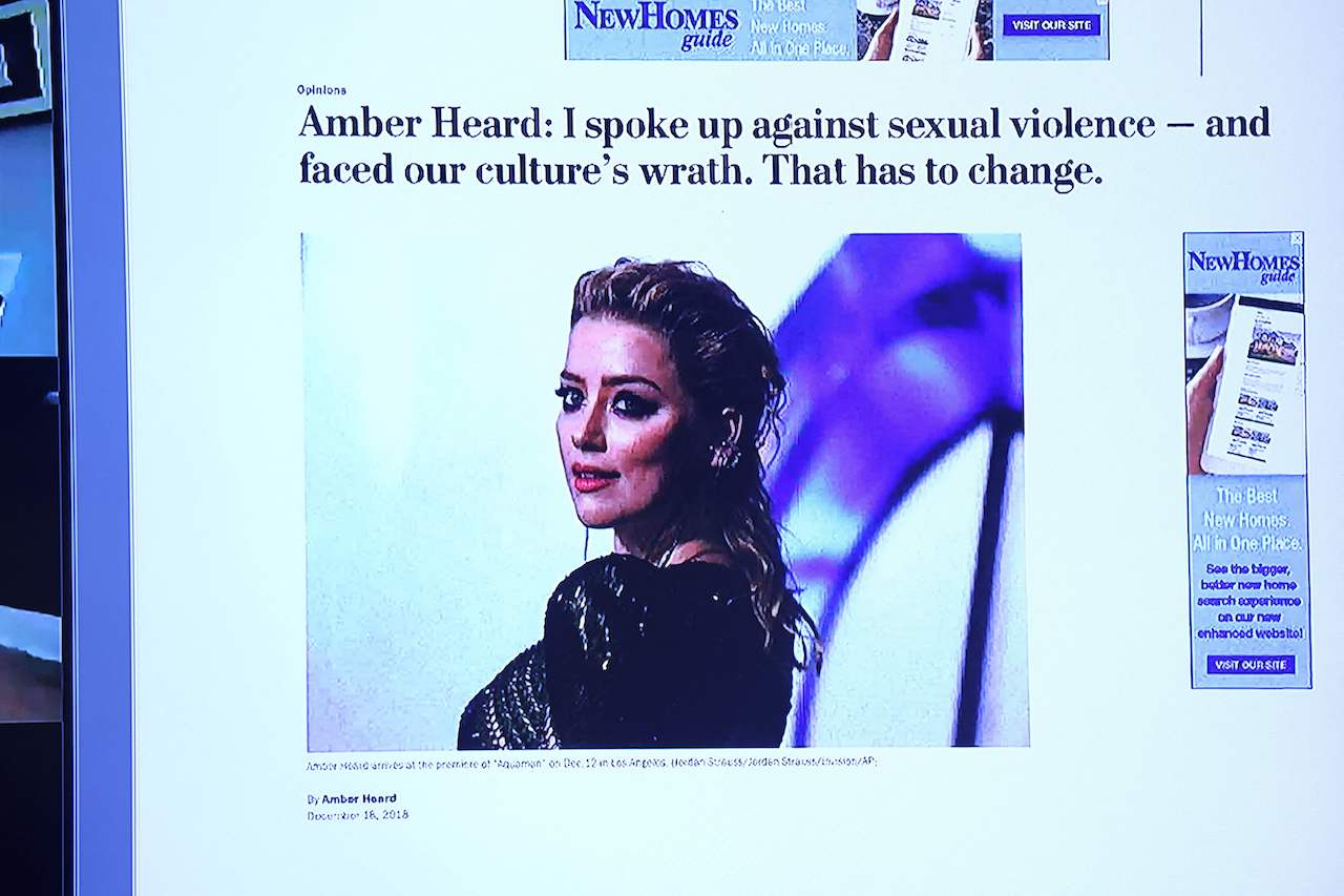 Amber Heard's op-ed is displayed on a monitor during the Johnny Depp vs Amber Heard defamation trial