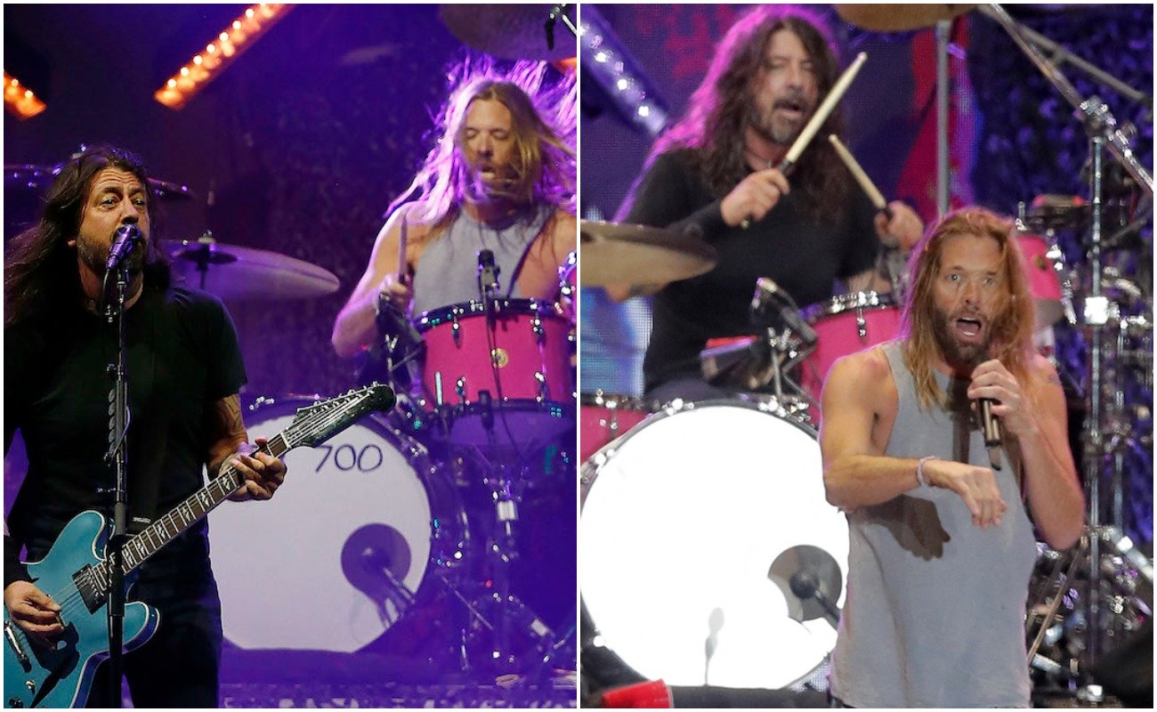 Dave Grohl playing guitar and Taylor Hawkins drumming and Hawkins singing while Grohl drums at Lollapalooza Chile 2022.