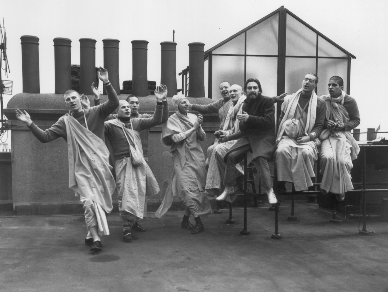 George Harrison and friends from the Hare Krishna Temple on top of Apple Studios in 1970.