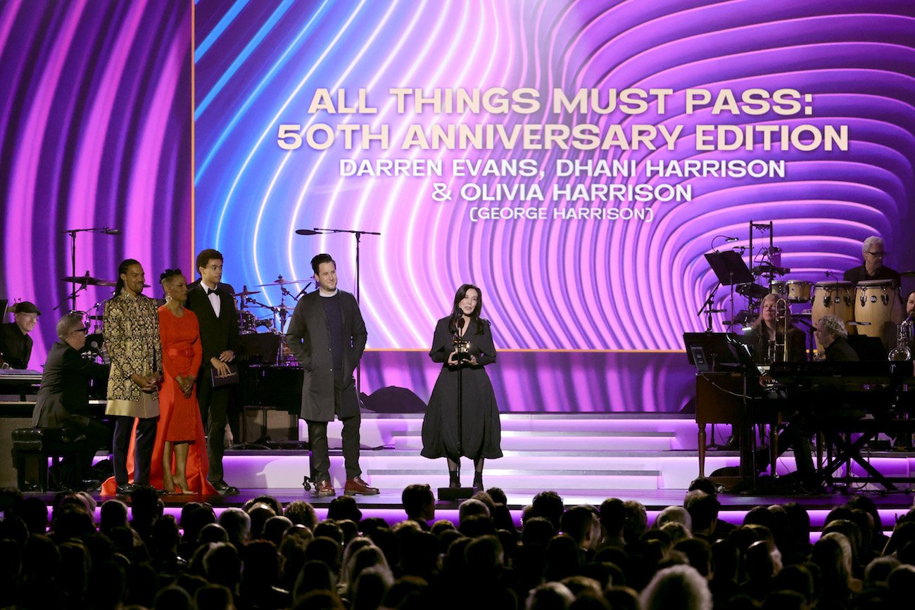 George Harrison's wife, Olivia Harrison, receiving her Grammy at the 2022 Grammy Awards.