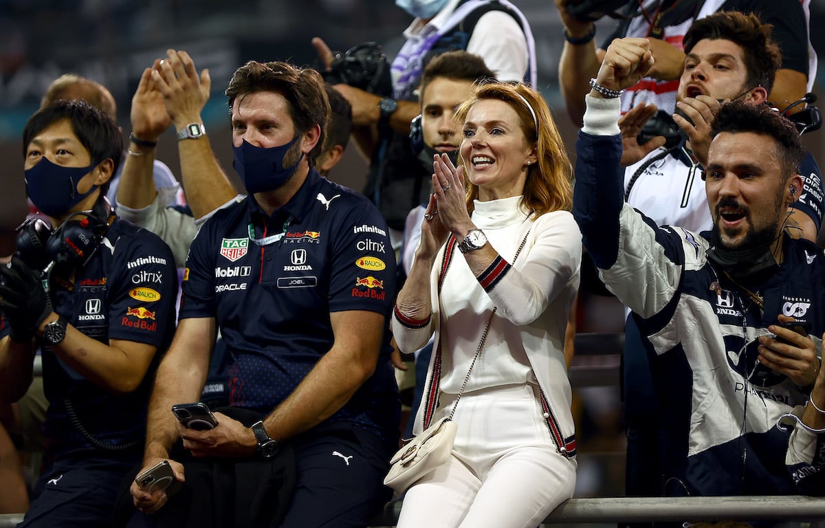 Geri Horner cheers during the F1 Grand Prix of Abu Dhabi at Yas Marina Circuit on December 12, 2021