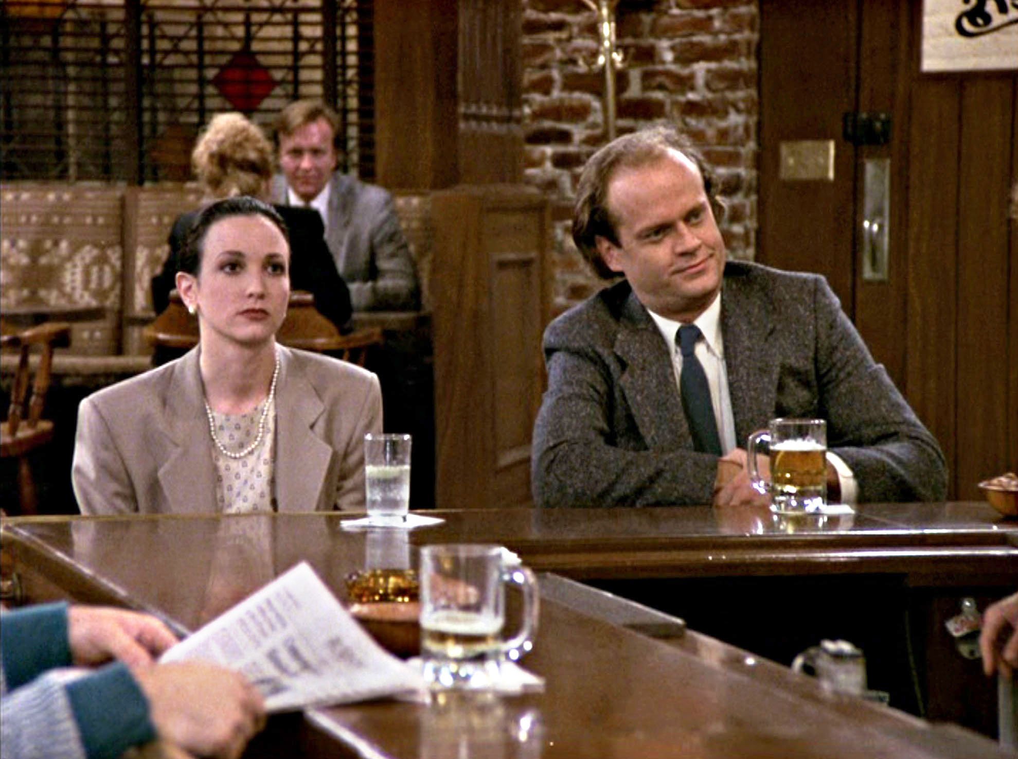 Bebe Neuwirth as Dr. Lilith Sternin and Kelsey Grammer as Dr. Frasier Crane in the "Cheers" episode 'A Bar is Born,'