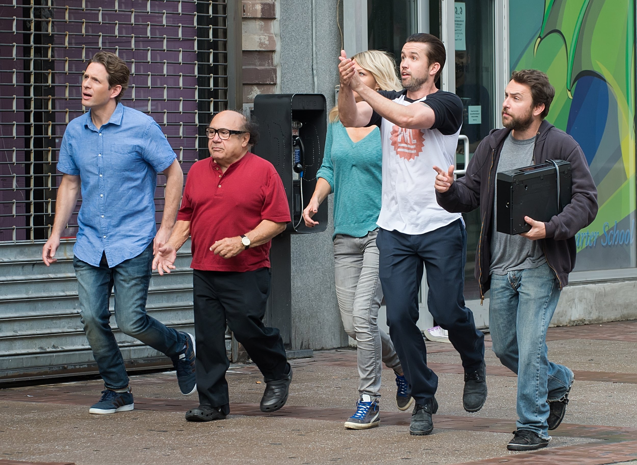 Glenn Howerton, Danny DeVito, Kaitlin Olson, Rob McElhenney and Charlie Day filming a scene for 'It's Always Sunny In Philadelphia' in Philadelphia, PA.