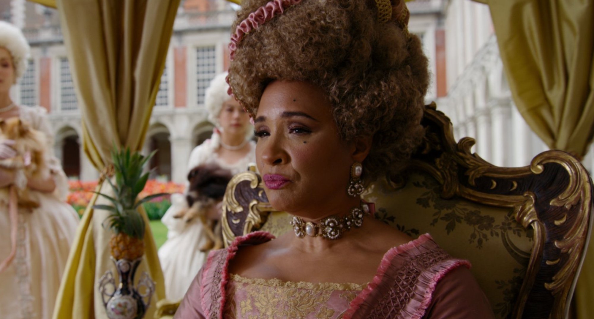 Golda Rosheuvel as the queen in 'Bridgerton' Season 2 in her carriage.