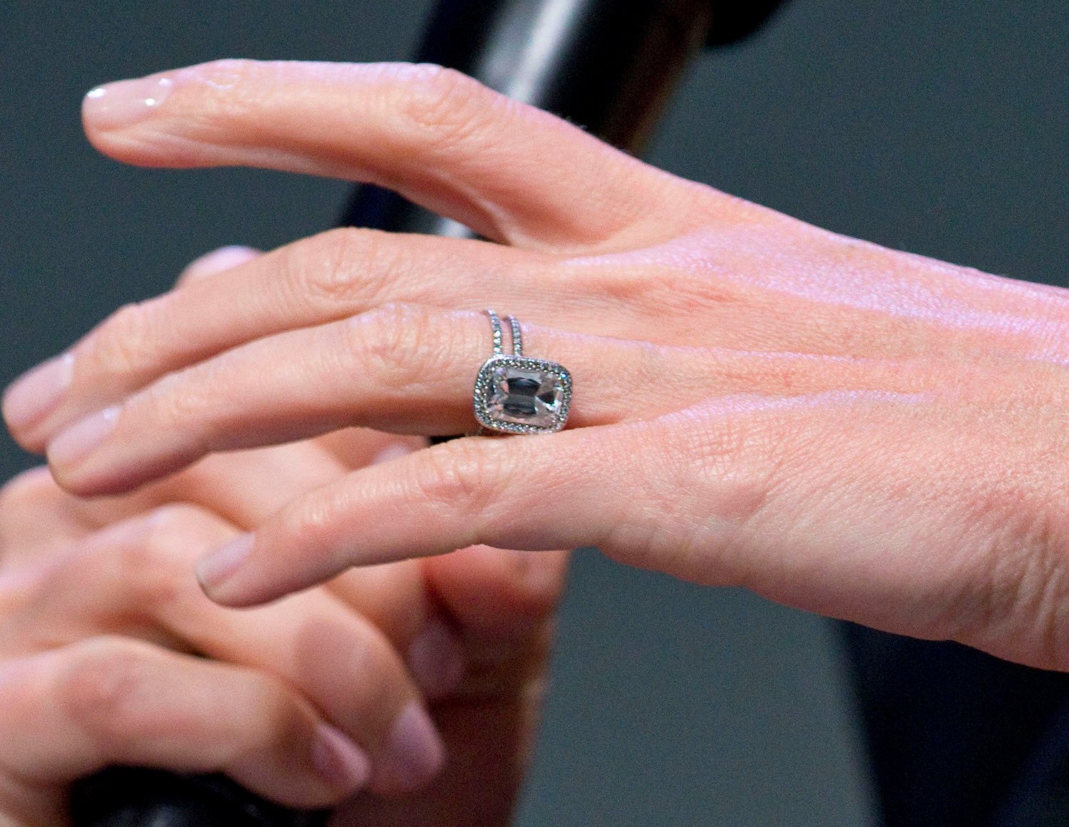 A closeup of Gwyneth Paltrow's hand with her engagement ring from Chris Martin.