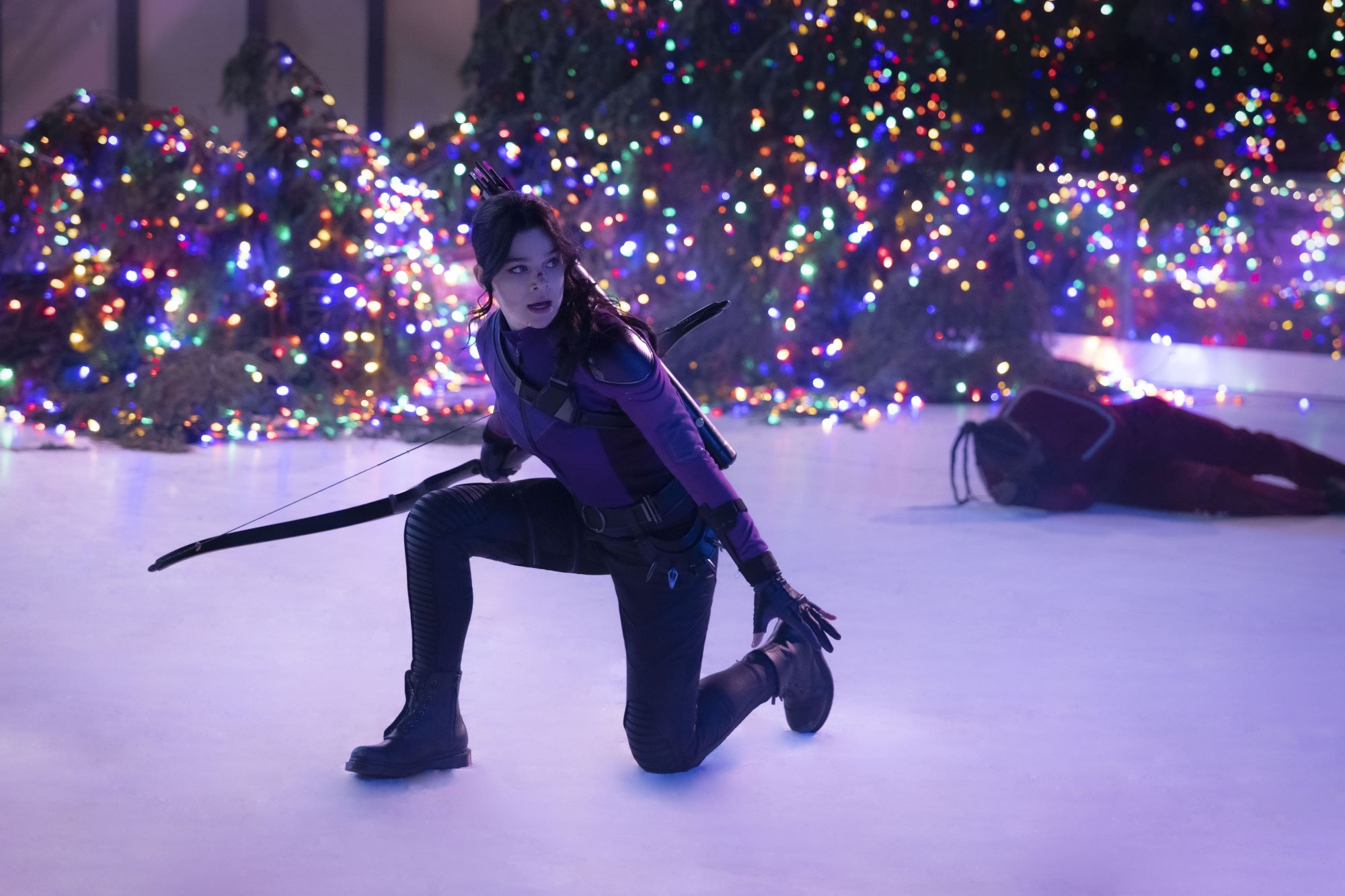 Hailee Steinfeld wears her purple and black suit and wields a bow and arrow as Kate Bishop in 'Hawkeye,' which likely won't have a season 2.