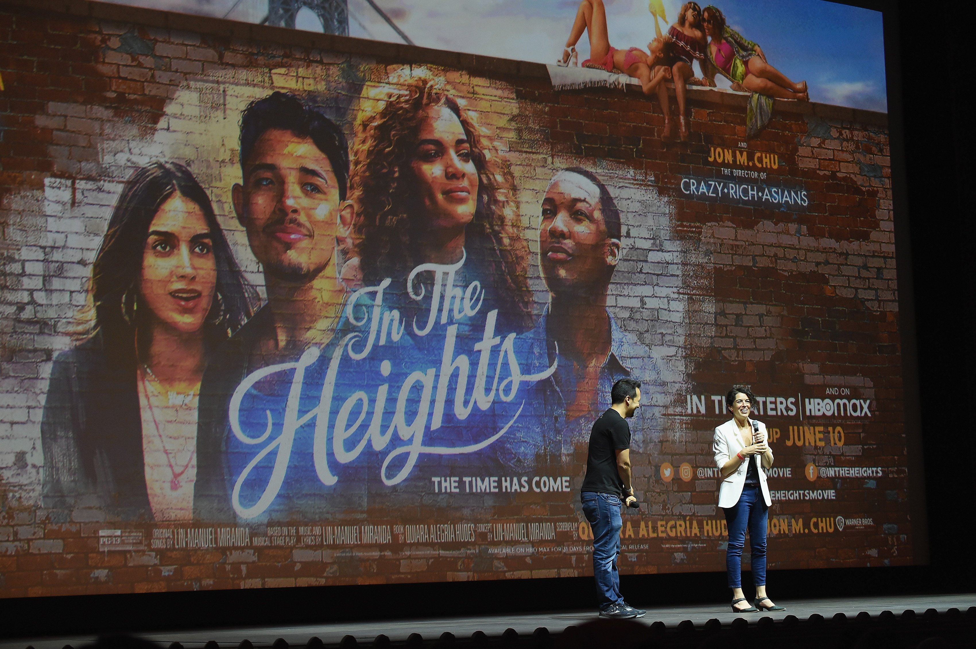 Actor/playwright/composer Lin-Manuel Miranda and playwright/lyricist Quiara Alegria Hudes speak onstage before 'In the Heights' screening