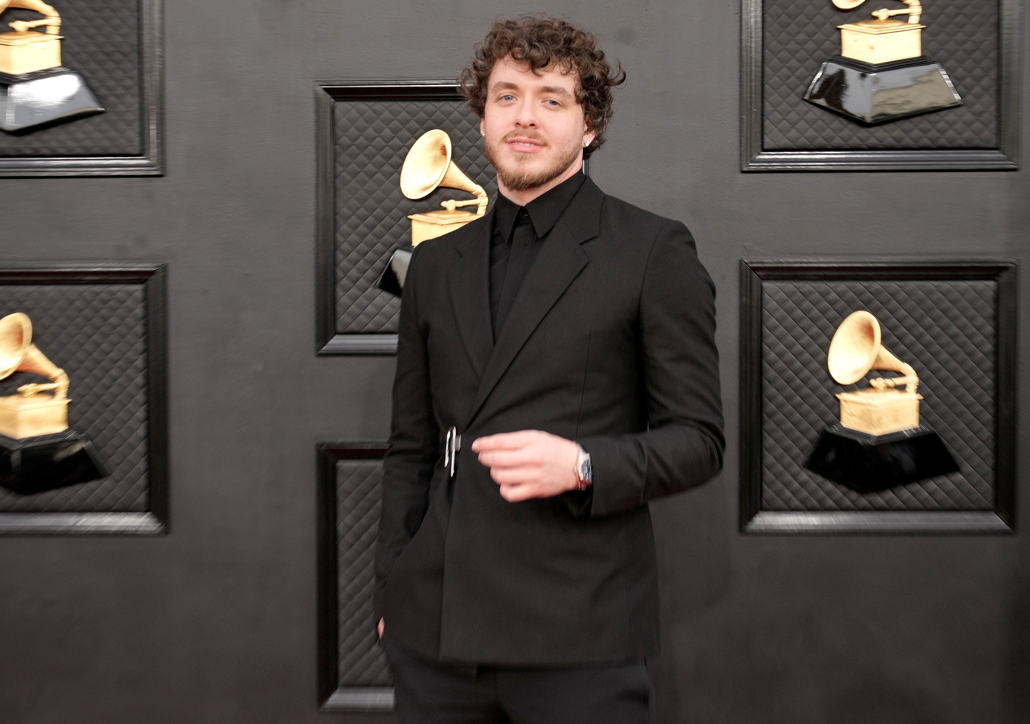 Jack Harlow doesn't let the hate bring him down. Here his posing at the 64th Annual Grammy Awards.