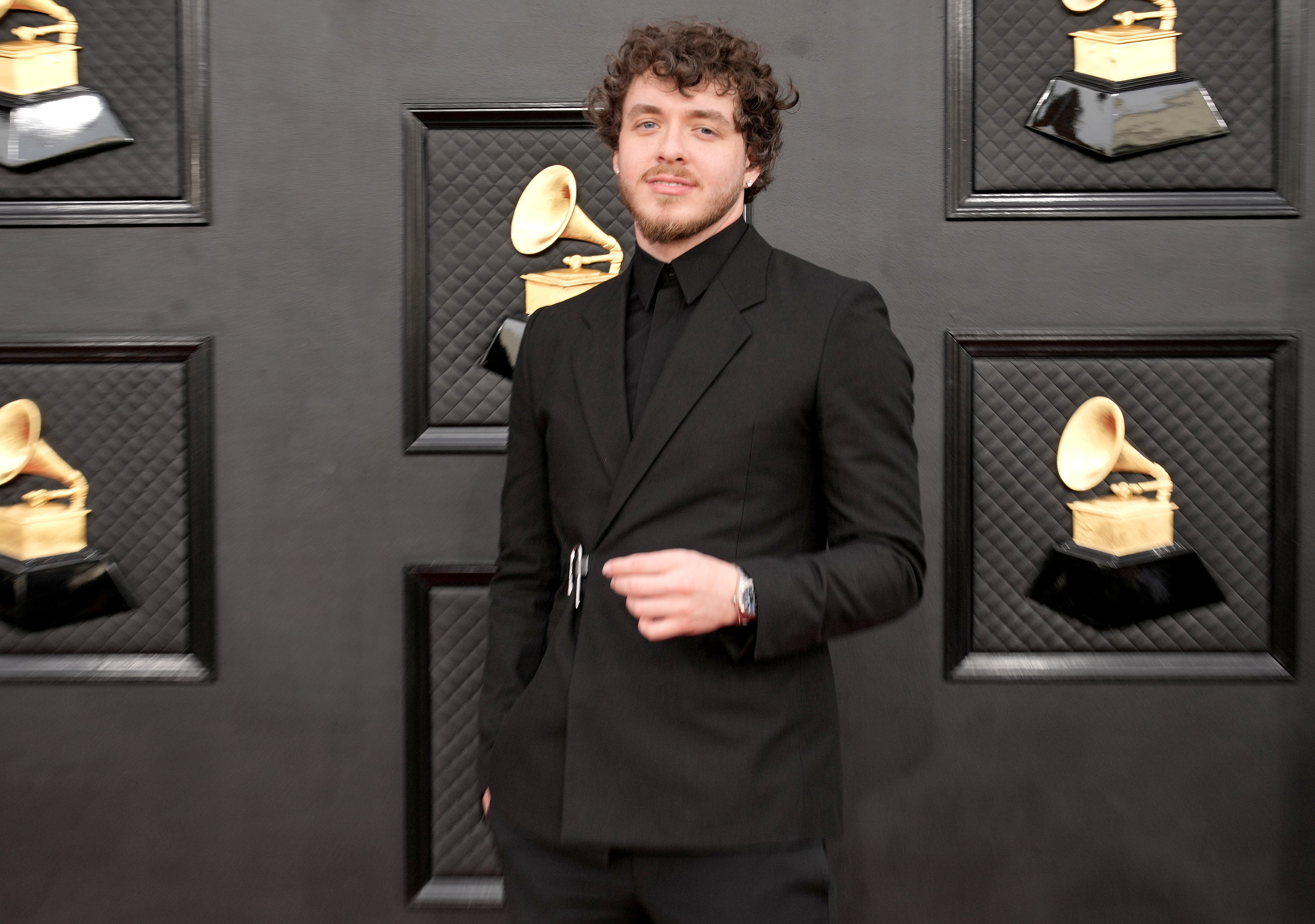 Jack Harlow doesn't let the hate bring him down. Here his posing at the 64th Annual Grammy Awards.