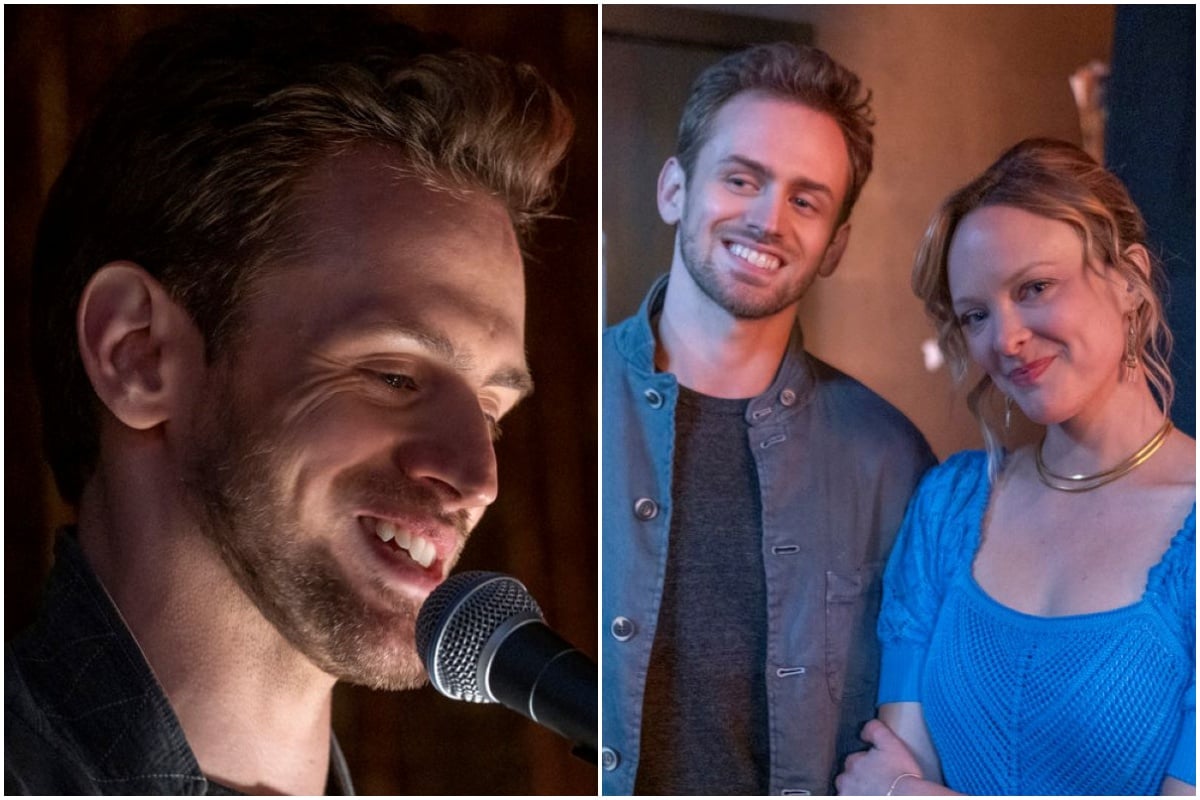 'This Is Us' Season 6 Episode 12 stars Blake Stadnik and Auden Thornton as Jack and Lucy. In the left photo, Jack wears a gray jacket and stands in front of a microphone. In the right photo, Jack and Lucy smile at the camera, and Jack wears a gray jacket over a darker gray shirt, and Lucy wears a bright blue shirt and a gold necklace.