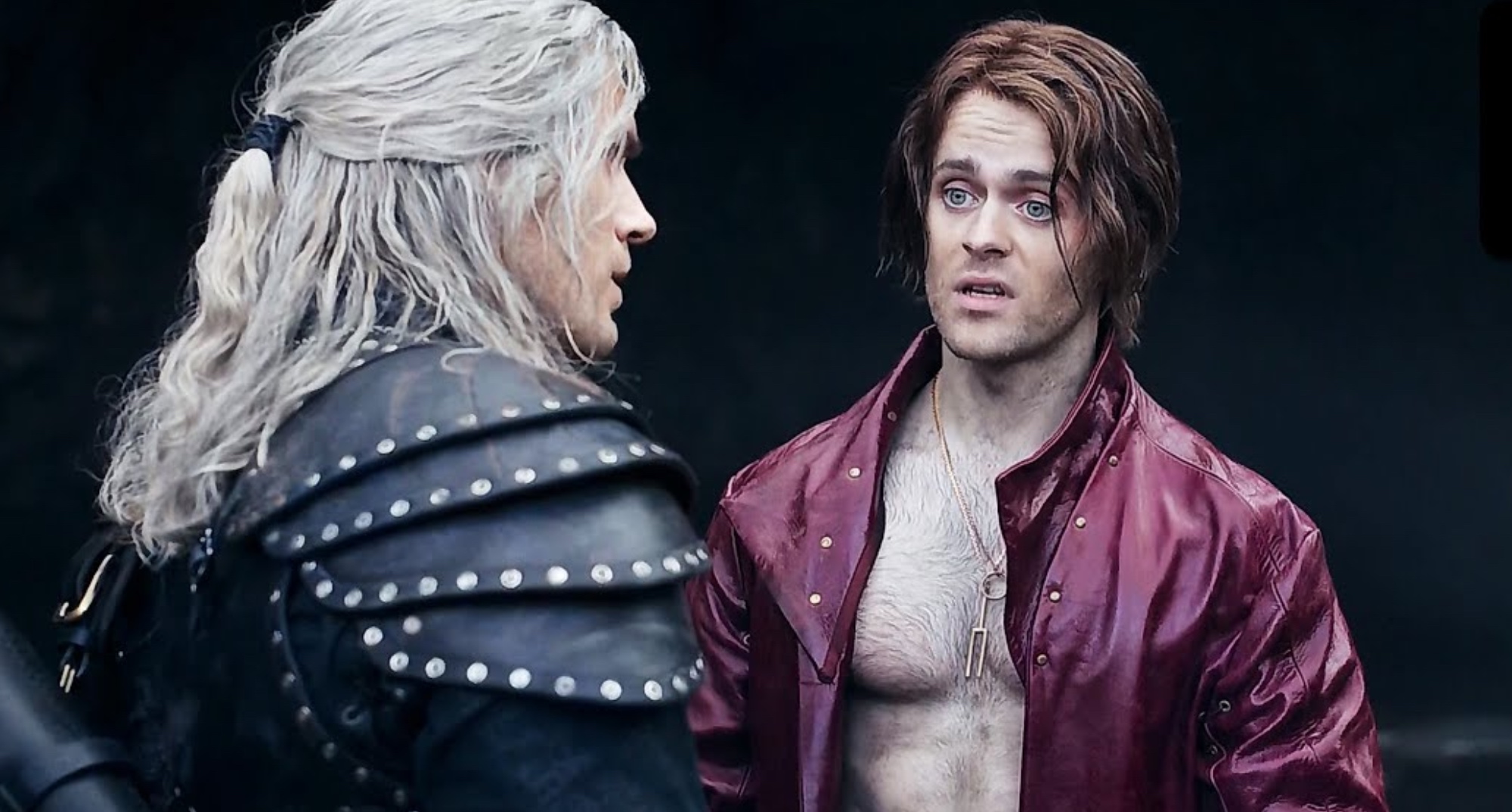 Jaskier and Geralt in 'The Witcher' Season 2 in a pond in relation to Season 3.