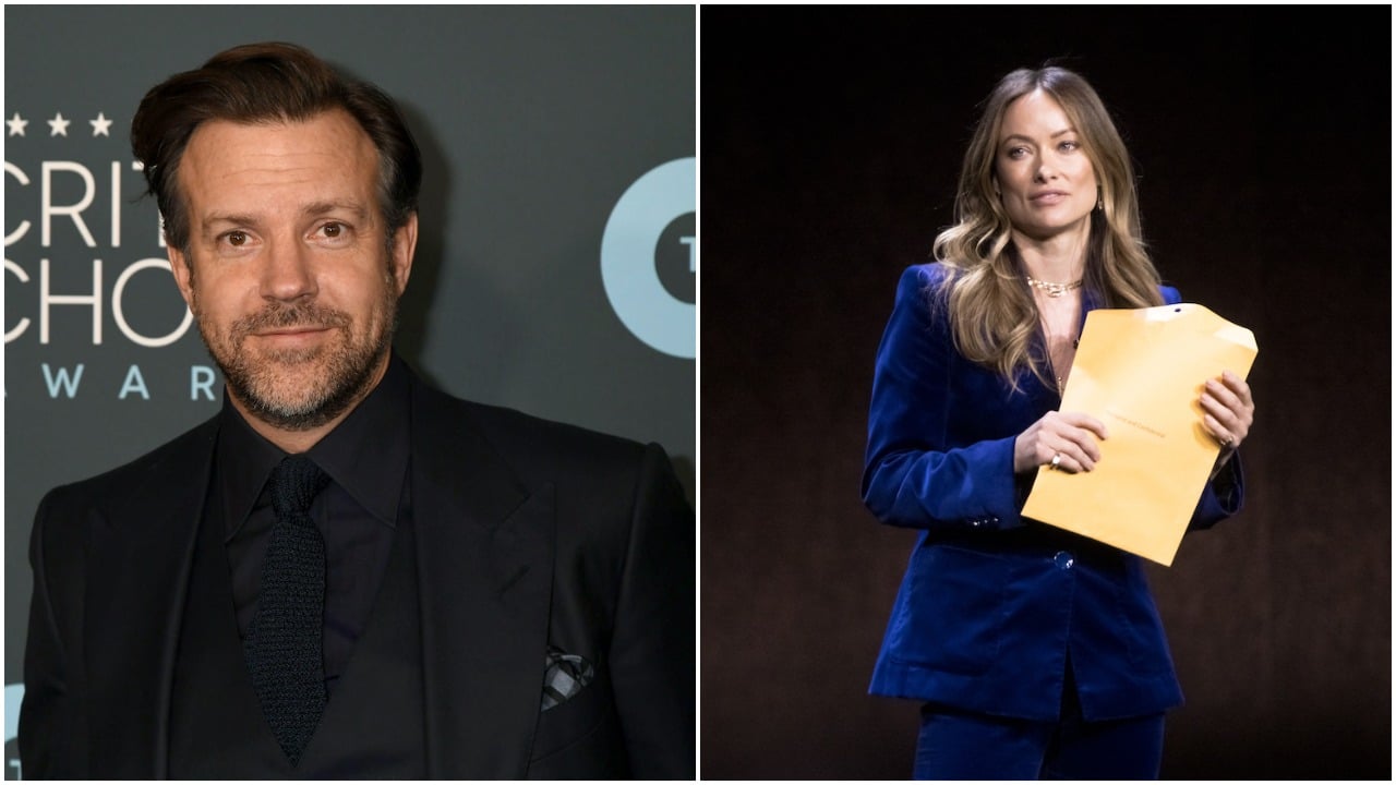 Jason Sudeikis at the 2020 Critics' Choice awards (left); Olivia Wilde after getting served court papers at CinemaCon in 2022.