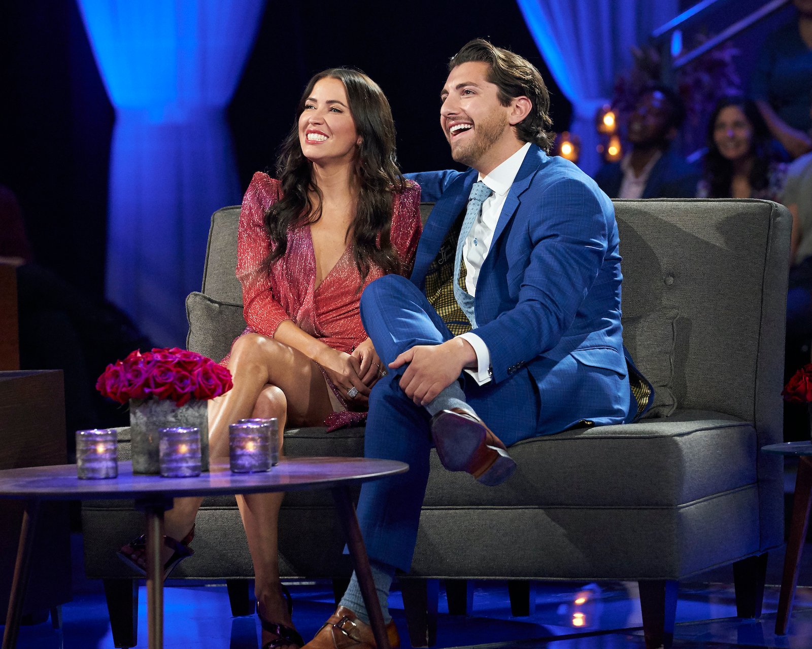 Kaitlyn Bristowe and Jason Tartick sit and laugh on a 'Bachelorette' moment 