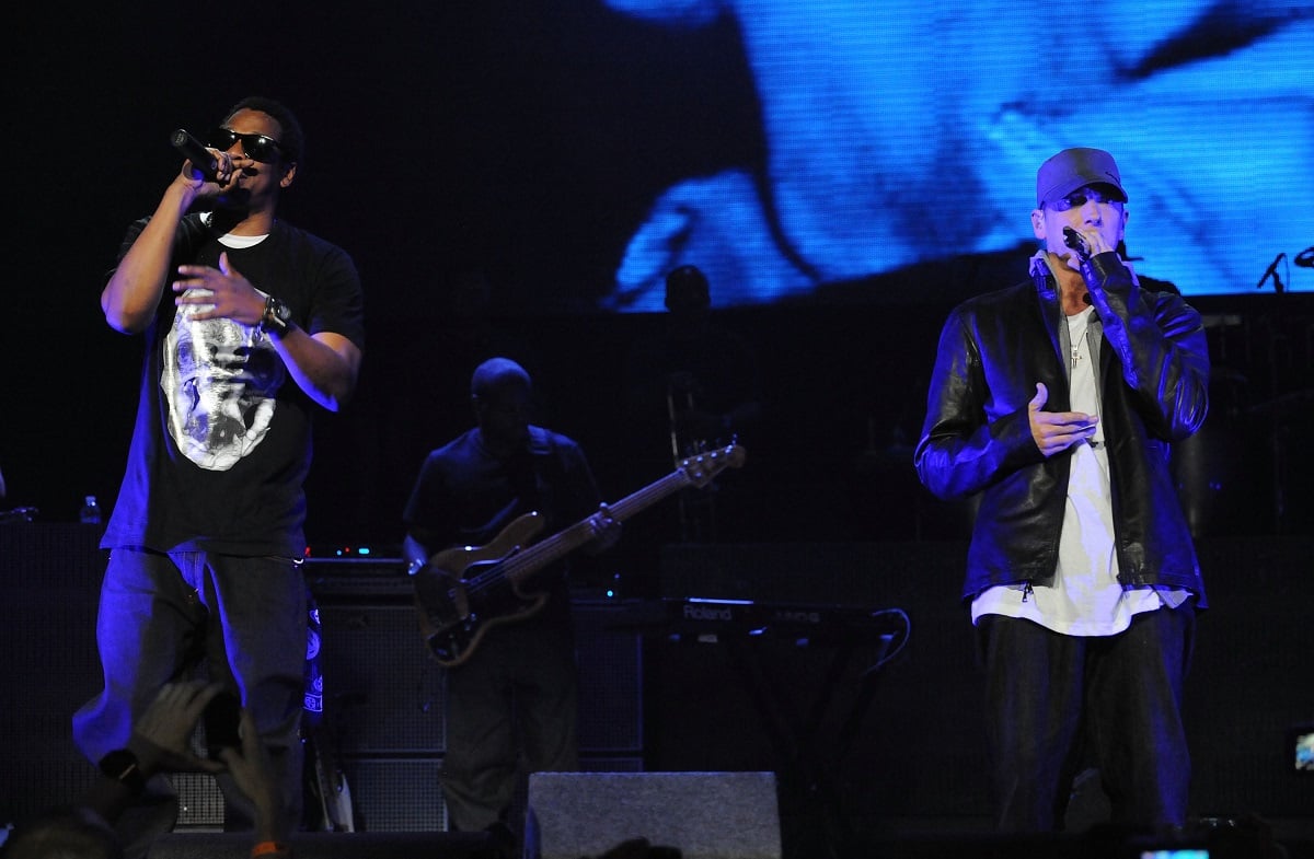 Jay-Z performing on stage with Eminem.