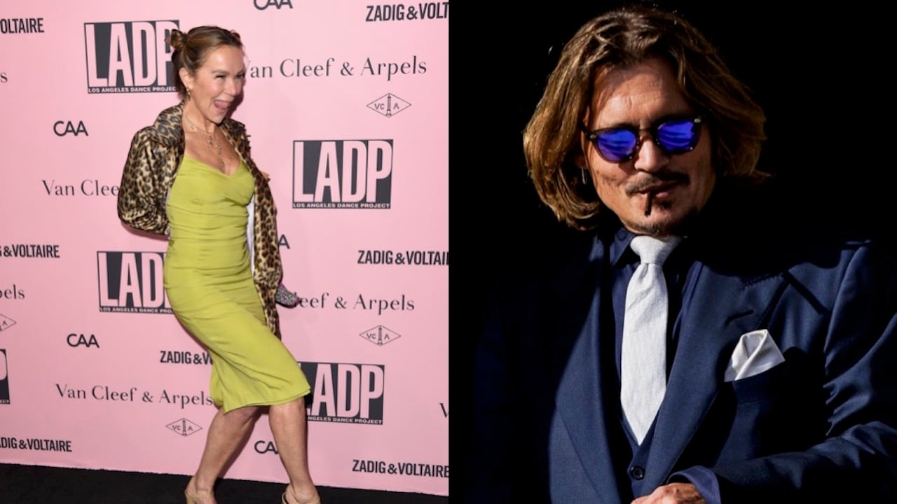 (L) Jennifer Grey poses for a picture (R) Johnny Depp smokes in suit