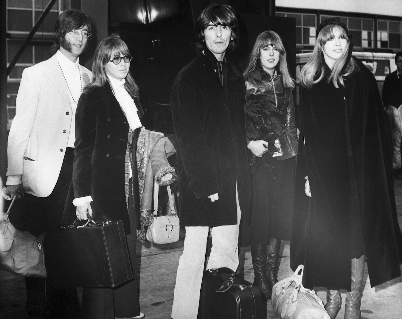 John Lennon, Cynthia Lennon, George Harrison, Jenny Boyd, and Pattie Boyd flying to India in 1968.