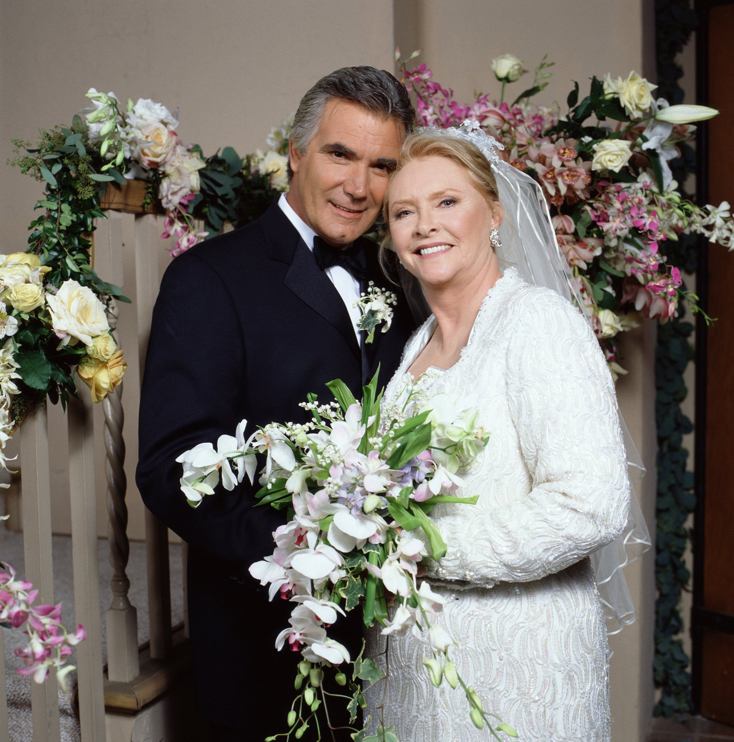 'The Bold and the Beautiful' actor John McCook in a tuxedo and Susan Flannery in a wedding dress pose for a promotional photo for the CBS soap opera.