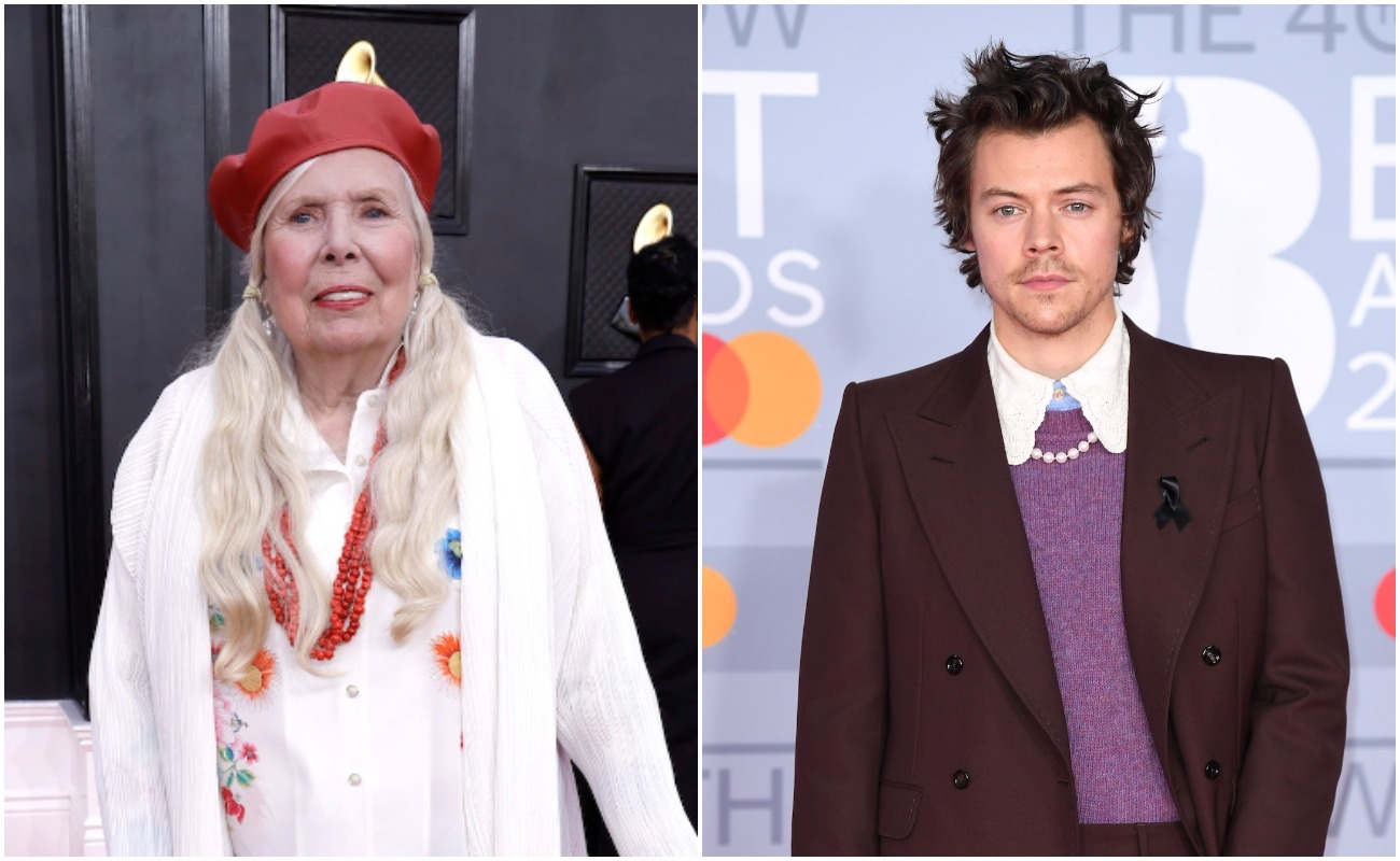 Joni Mitchell at the 2022 Grammy Awards and Harry Styles at the 2020 BRIT Awards.