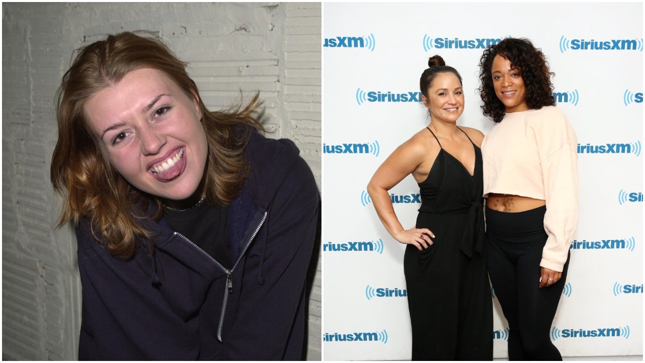 Julie Stoffer sticking her tongue out at the camera; Veronica Portillo and Aneesa Ferreira standing next to each other, posing