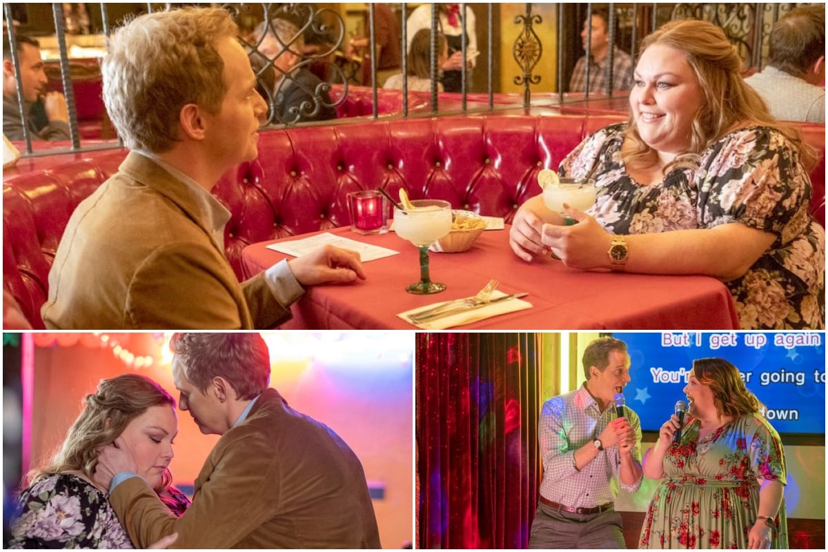 'This Is Us' Season 6 Episode 12 stars Chris Geere and Chrissy Metz, in character as Kate and Phillip, share scenes. In the top photo, the couple sits in a booth at a restaurant, and Phillip wears a brown jacket over a white collared shirt, and Kate wears a black dress with light pink flowers on it. In the bottom left photo, they are wearing the same clothes, and Phillip is caressing Kate's cheek. In the bottom right photo, Kate and Phillip sing karaoke, and Phillip wears a light checkered button-up shirt and gray pants, and Kate wears a blue dress with red and pink flowers on it.
