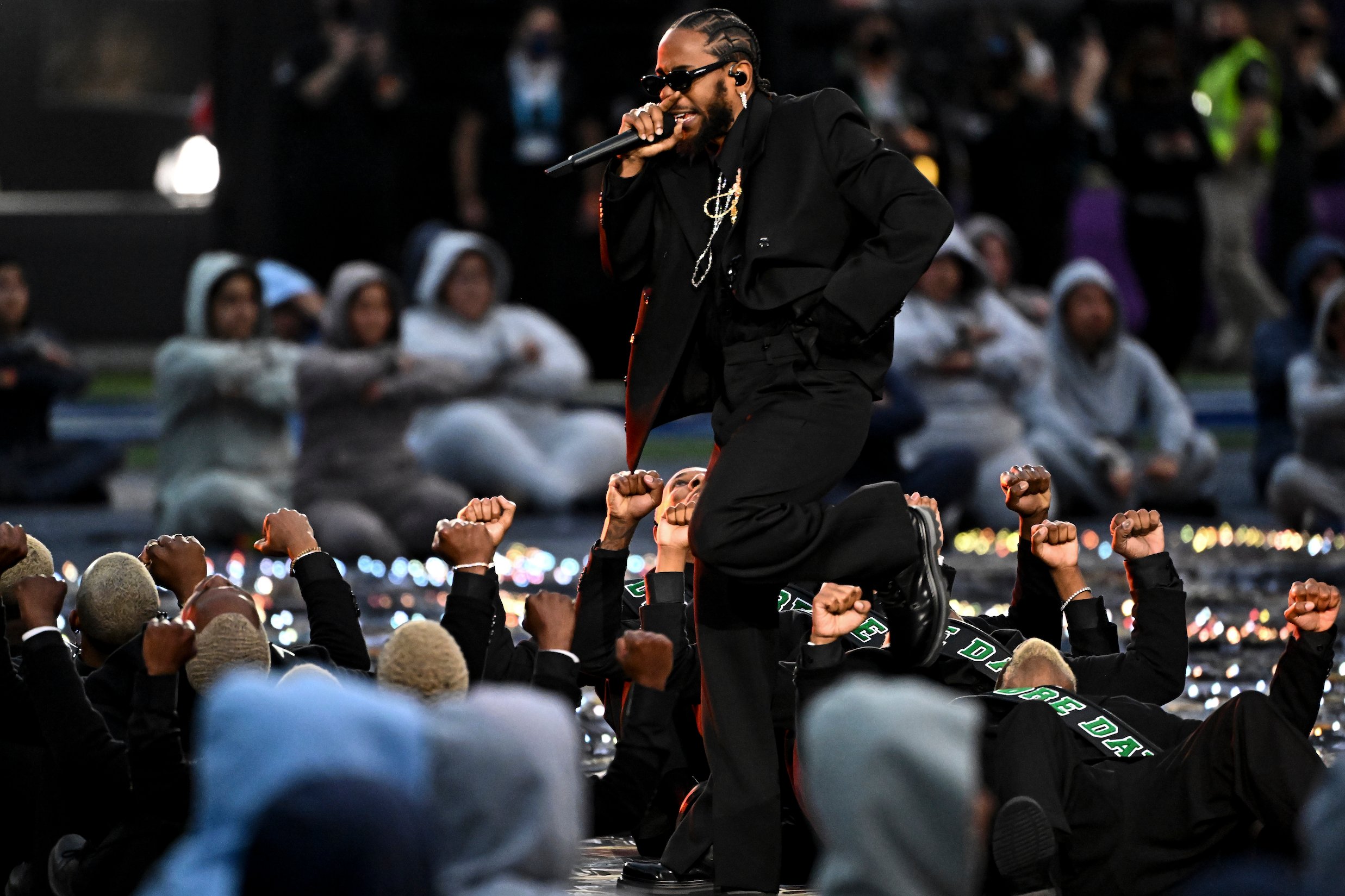 Kendrick Lamar, ahead of his final TDE album, performs during halftime in Super Bowl LVI at SoFi Stadium