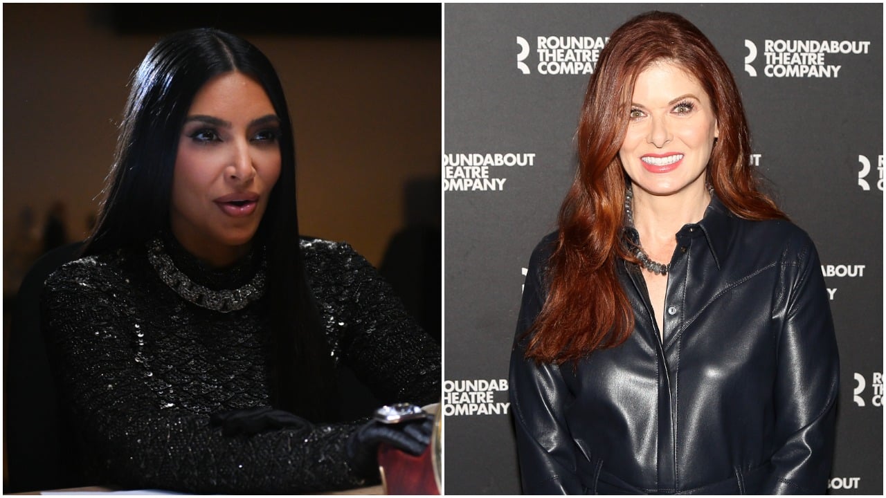 Left image: Kim Kardashian in a digital short from 'Saturday Night Live'; right image: Debra Messing on the red carpet at an event for The Roundabout Theater Company