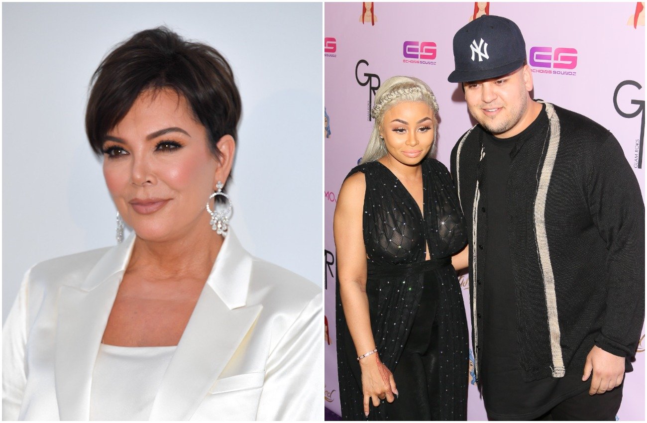 Kris Jenner wearing a white outfit in front of a gray background, Blac Chyna and Rob Kardashian wearing dark outfits and standing in front of a pink background