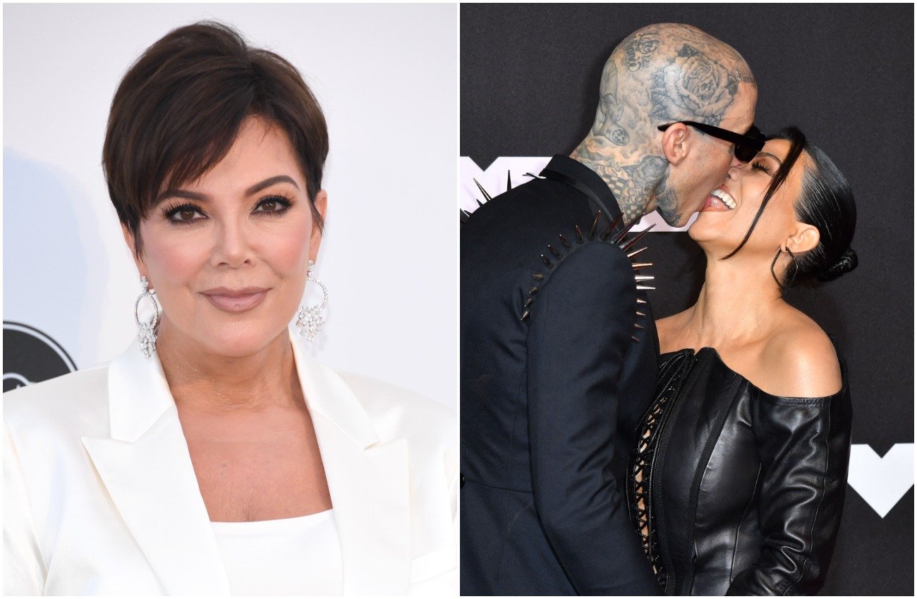 Kris Jenner wearing a white outfit while smiling at the camera, Travis Barker and Kourtney Kardashian locking lips while wearing dark outfits