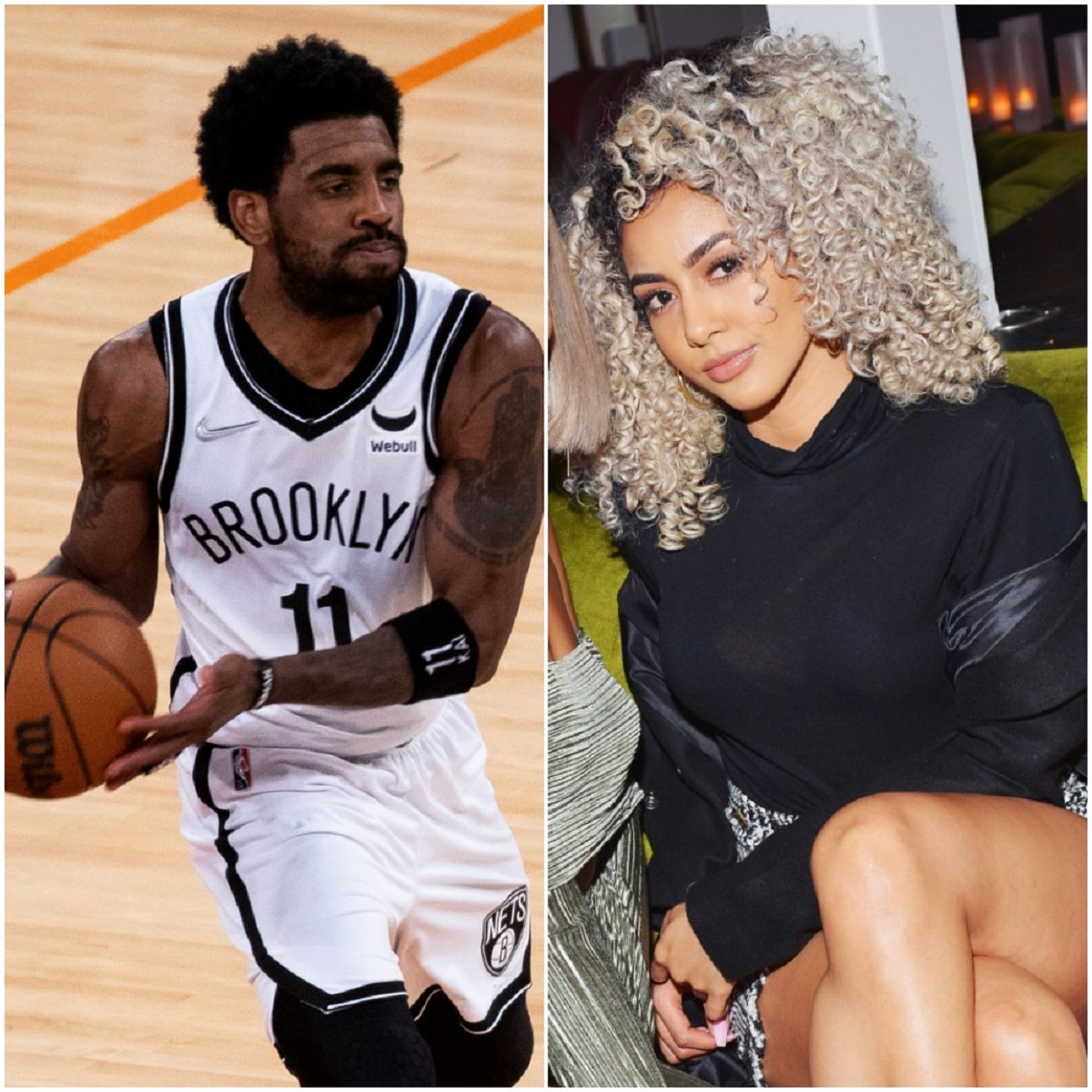 (L): Kyrie Irving dribbling the ball in a game against the New York Knicks, (R): Kyrie Irving's partner, Marlene 'Golden' Wilkerson, poses for a photo at an event in West Hollywood