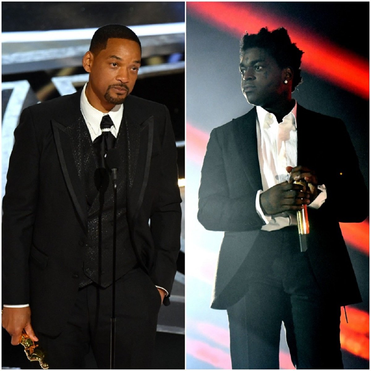  (L): Will Smith accepts the Oscar for Best Actor in a Leading Role for King Richard, (R): Kodak Black performing on stage in Los Angeles