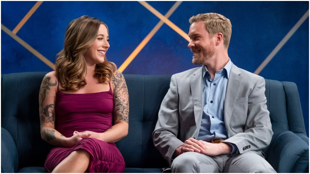 Lauren Pounds and Nate Ruggles smiling at each other during 'The Ultimatum' reunion
