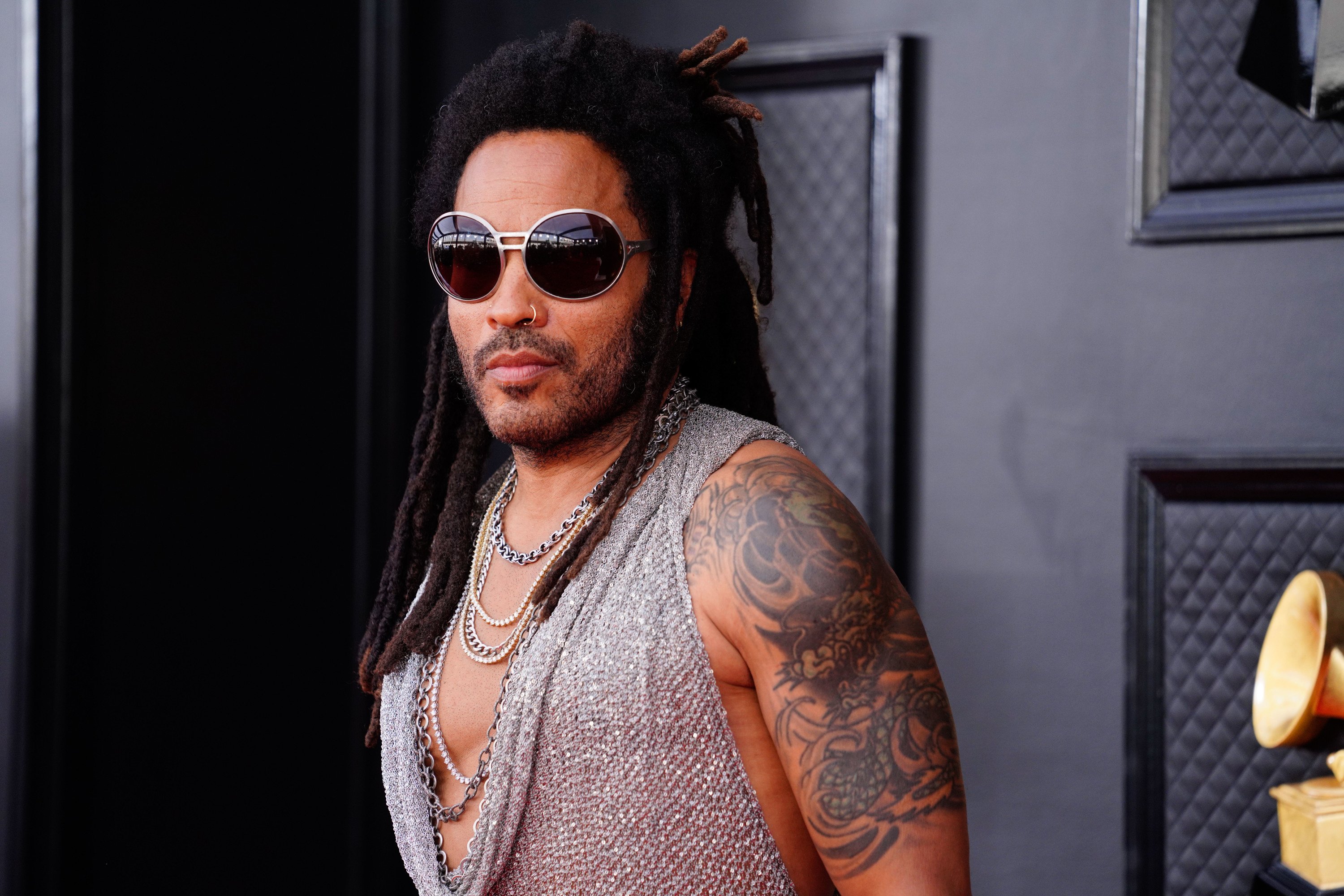 Lenny Kravitz poses on the red carpet while wearing a sheer silver shirt, sunglasses, and leather pants.