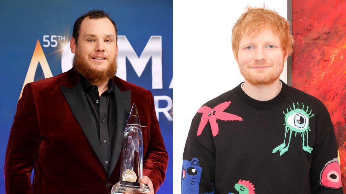 (L) Luke Combs smiles for a picture while holding an award (R) Ed Sheeran smiles for a picture in black sweater with bright images on it