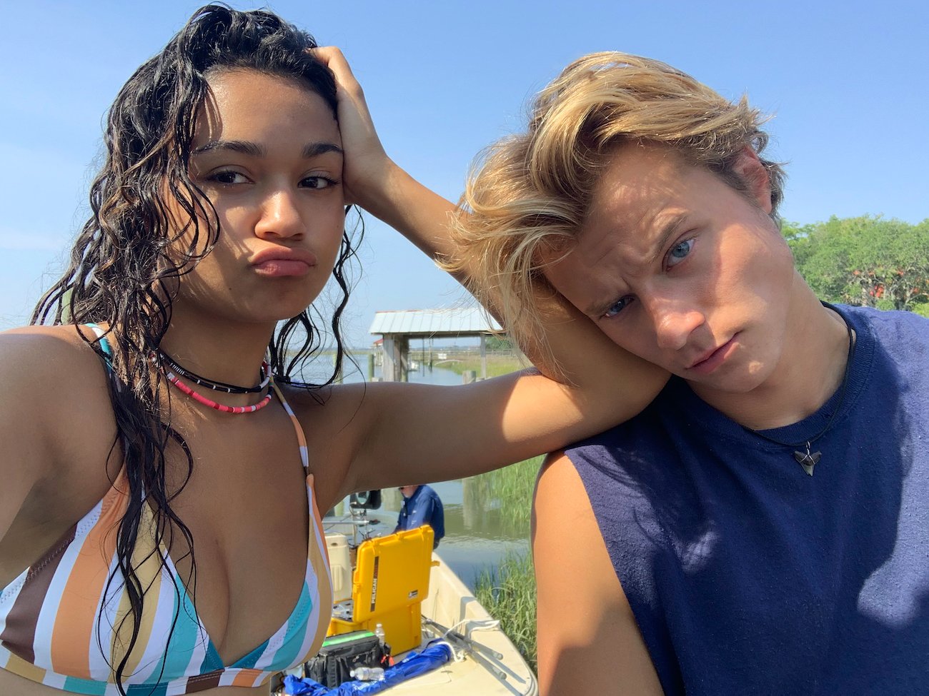 Madison Bailey and Rudy Pankow behind the scenes of 'Outer Banks' Season 1