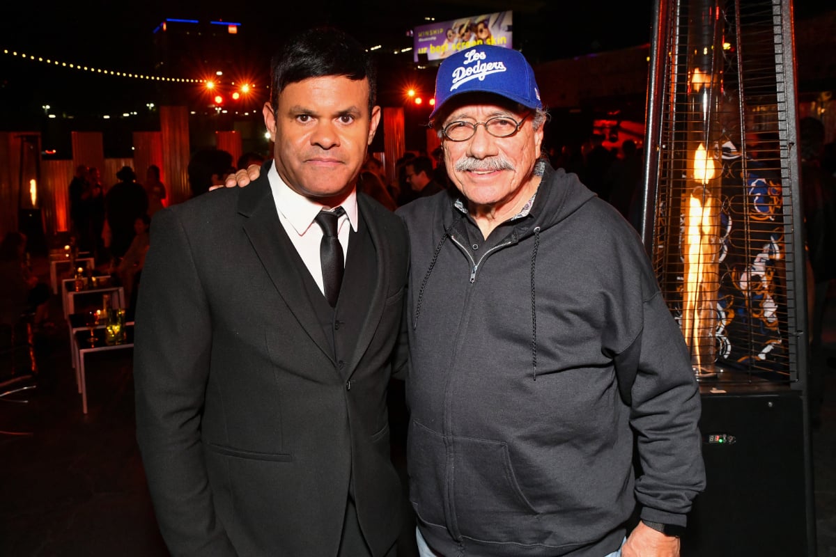 Elgin James and Edward James Olmos attend Season 4 Premiere Of FX's Mayans M.C. After Party. James and Olmos pose for a photo. 