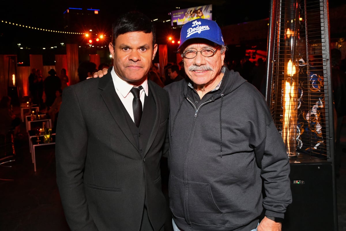Elgin James and Edward James Olmos attend Season 4 Premiere Of FX's Mayans M.C. After Party. James and Olmos pose for a photo.