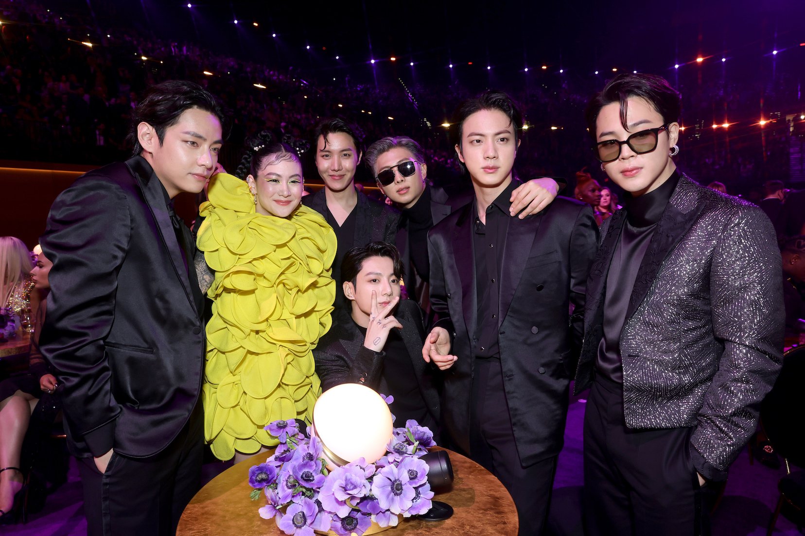 V of BTS, Michelle Zauner of Japanese Breakfast, and J-Hope, Jungkook, RM, Jin, and Jimin of BTS attend the 64th Annual GRAMMY Awards