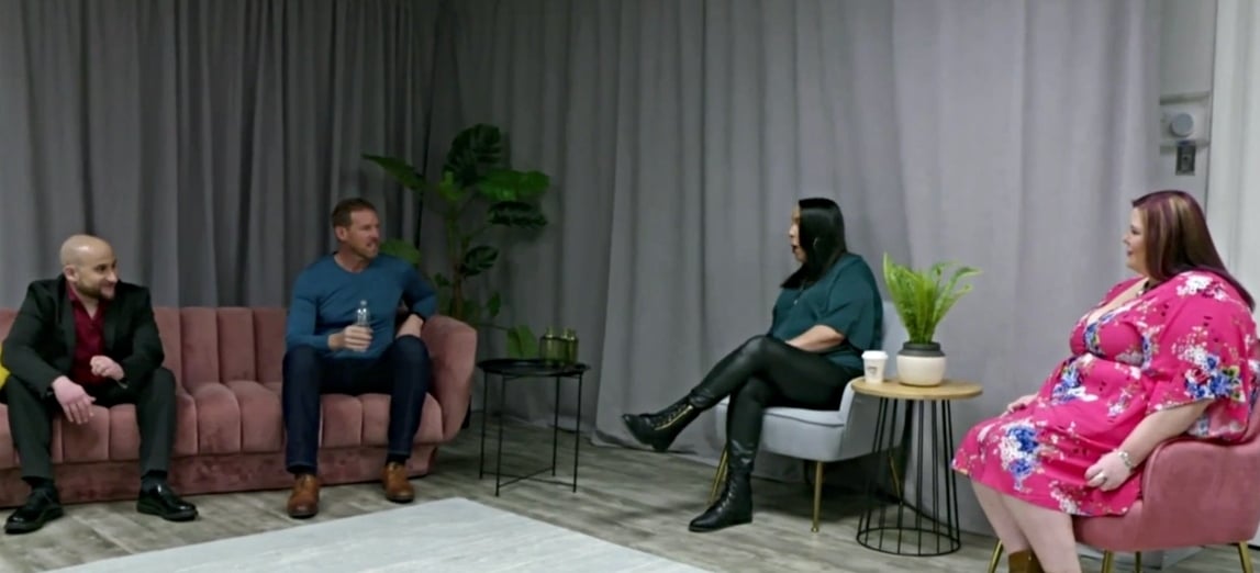 Mike Berkowitz, Benjamin Rathburn, Kimberly Menzies, and Ella Johnson hangout backstage of the '90 Day Fiancé: Before the 90 Days' Season 5 tell-all.